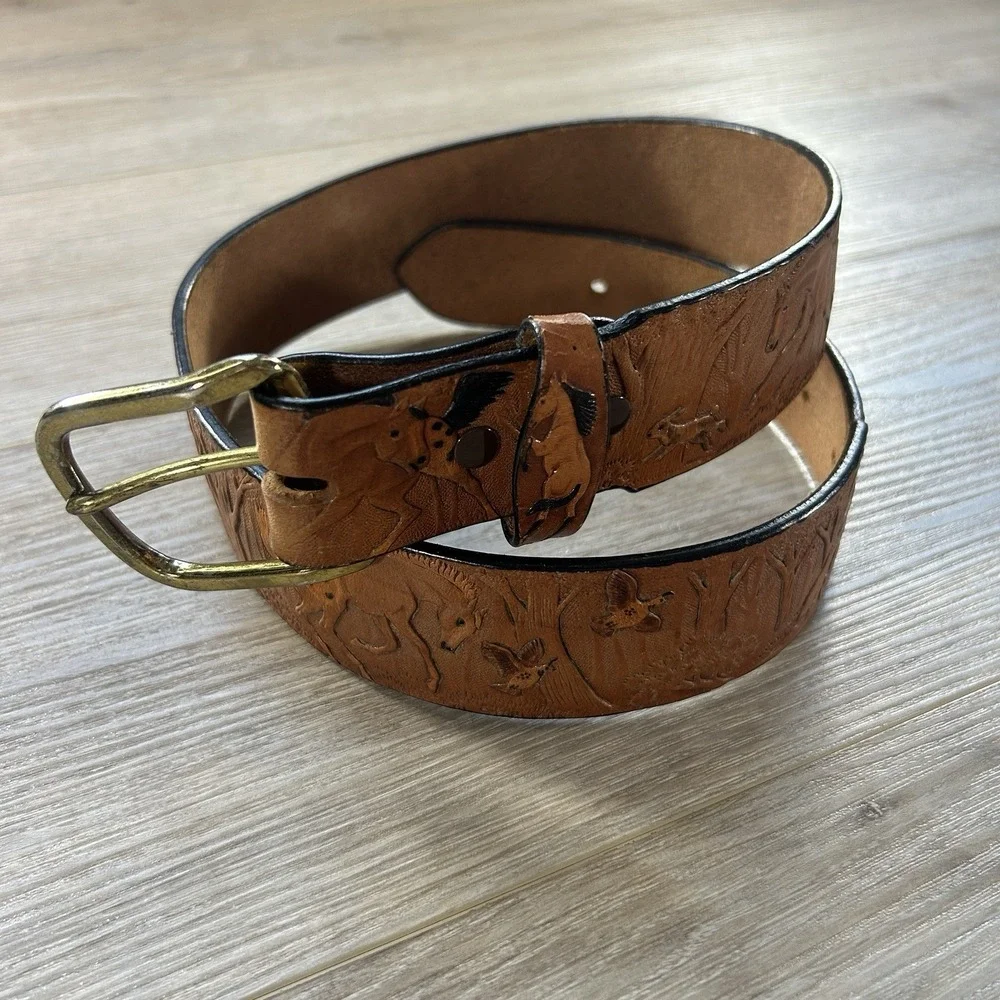 Belt Factory Brown Tooled Leather Belt Size 30 Horse Western Brass Buckle